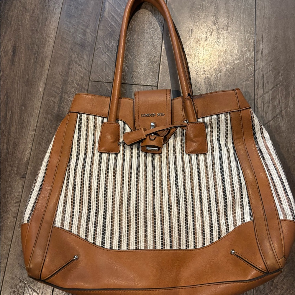 London Fog Tan and White Striped Tote